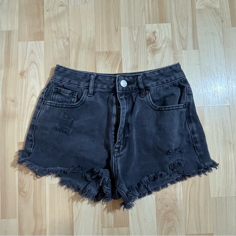 Pacsun Womens High Rise Festival Frayed Hem Black Denim Shorts Size 24